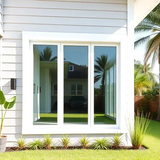 Freshly installed sleek energy-efficient windows in a modern Kendall Florida home, reflecting lush tropical landscaping