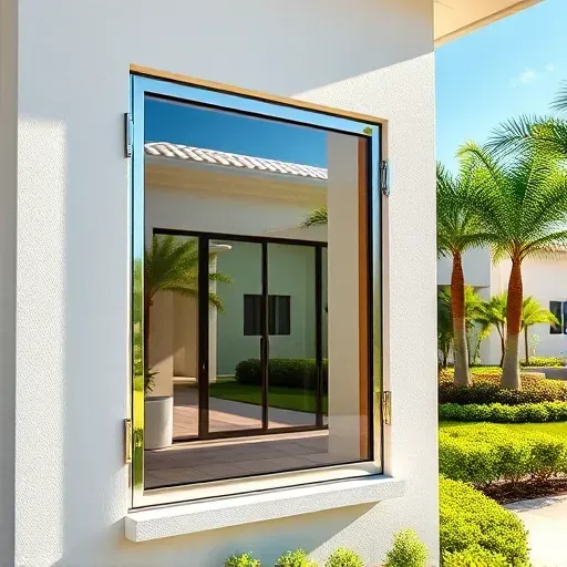 Modern residential building in Boynton Beach with sleek impact window, polished glass, metallic hardware, and lush tropical landscape
