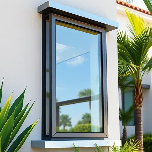 Freshly installed impact window in Miramar Florida showing sleek frame, reflective glass, stucco walls, tropical plants and lush landscaping