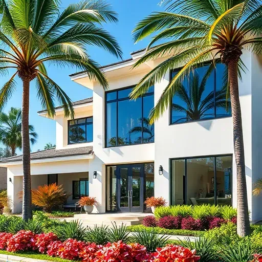 Impact Windows and Doors installation in Coconut Creek FL framed by palm trees and colorful tropical plants showcasing modern design.