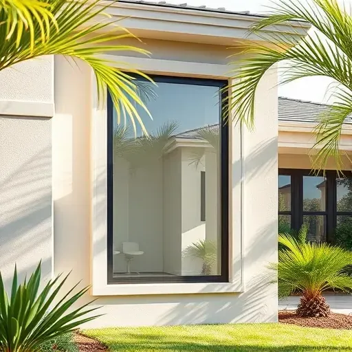 Fresh impact window in a modern Kendall FL home, framed by lush greenery and neutral-toned stucco exterior.