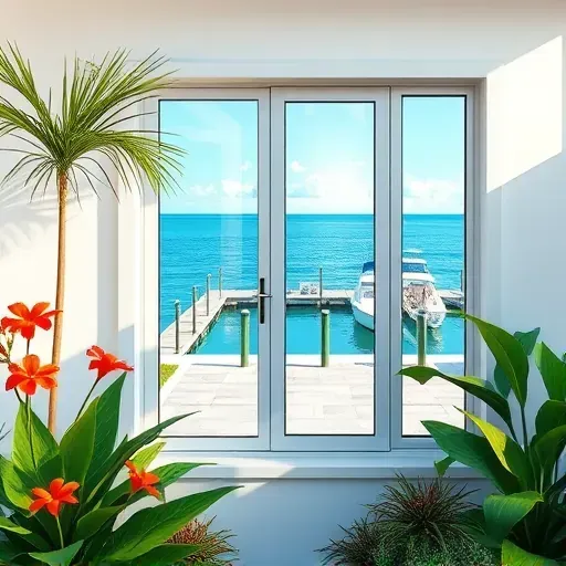 Freshly installed impact windows enhance a coastal home in Islamorada with reflective glass and vibrant tropical landscaping.