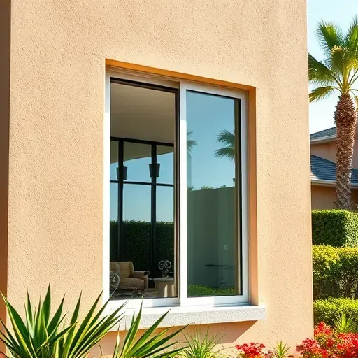 Impact window in Westchester Florida with clear reinforced glass, sleek modern frame, lush greenery, and sunny outdoor setting