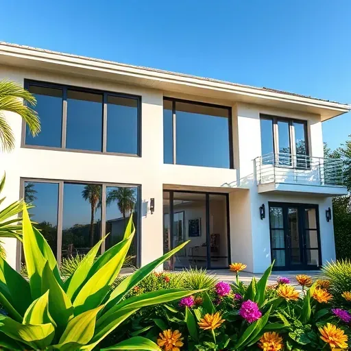 Completed installation of impact windows and doors in modern Plantation FL home with vibrant landscaping and clear blue sky.