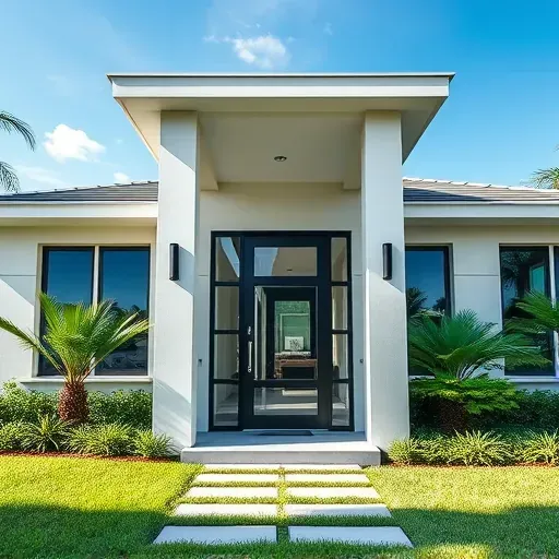 Recently installed hurricane impact door on stylish modern home in Kendall Florida with lush landscaping and sunny sky