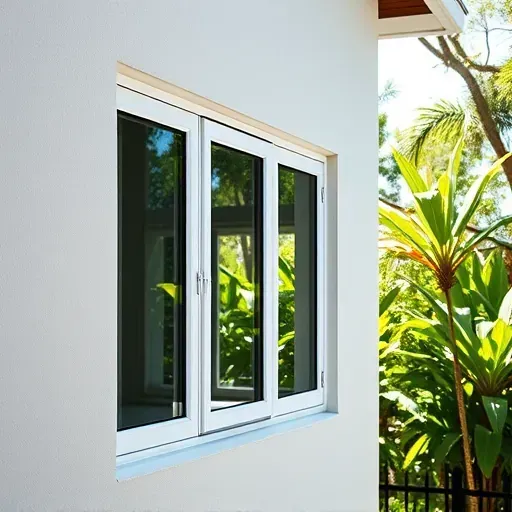 Close-up of new impact windows in modern residential home in Kendall FL with elegant frames and lush tropical backdrop.