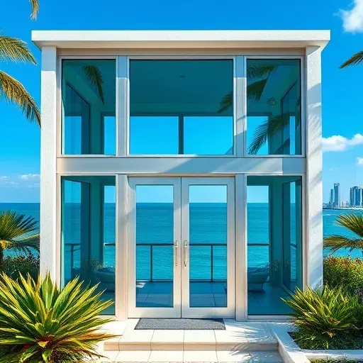 Impact windows and doors in polished aluminum installed on a Miami Beach home with ocean views and tropical landscaping.