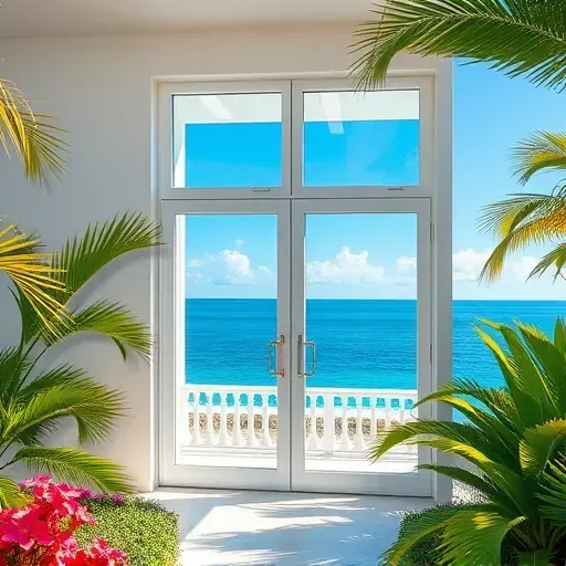 Impact windows and doors installed in Islamorada, FL, surrounded by tropical landscape and bright sunlight ambiance.