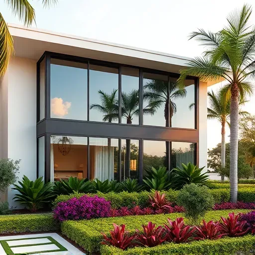 Impact window installation in Coral Gables featuring sleek impact windows, modern frames, lush tropical landscaping, and sunny Florida setting