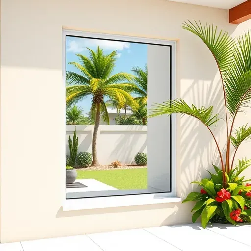 Freshly installed impact window in a modern Homestead Florida home showing sleek frame, stucco exterior, lush landscaping and sunny sky