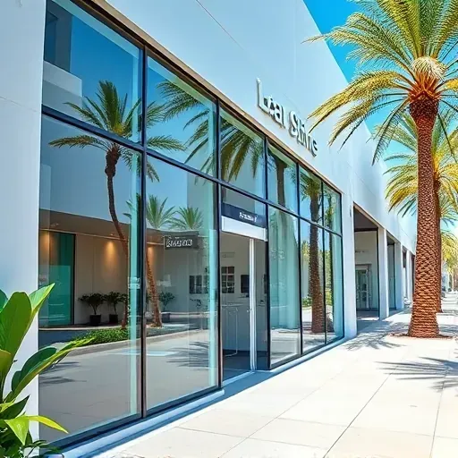 Modern Kendall storefront with sleek UV-protective windows reflecting lush greenery and blue sky, showcasing brightness and clarity