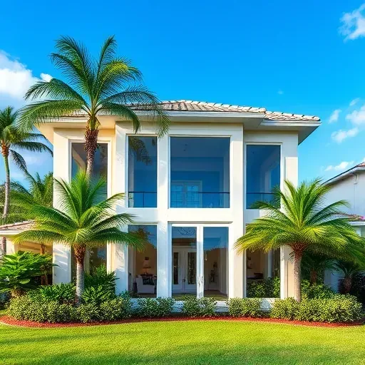 Impact windows and doors showcase a stylish home in Plantation FL with tropical plants and clear blue skies.