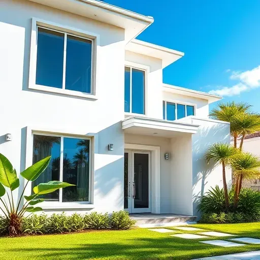 Impact windows and doors installation in Doral FL features modern home facade with sleek frames and tropical landscape.