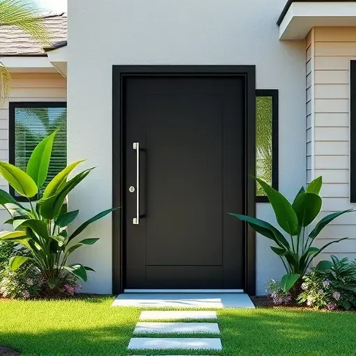 Modern black impact door with reinforced glass in a stylish Kendall FL home surrounded by tropical landscaping and lush greenery
