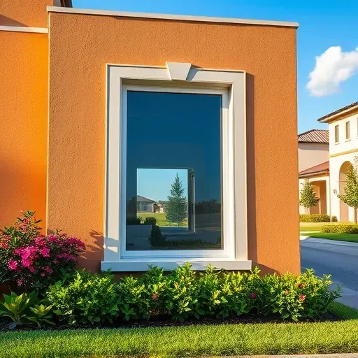 Impact window installed in a modern Florida home with energy-efficient glass, smooth stucco exterior, lush landscaping, bright sunny sky