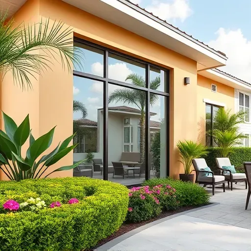 Modern Florida home with sleek impact window, lush landscaping, bright sky, and upgraded curb appeal in Wellington FL