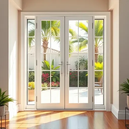 White French door with glass panes in a modern home surrounded by lush tropical garden in Kendall Florida