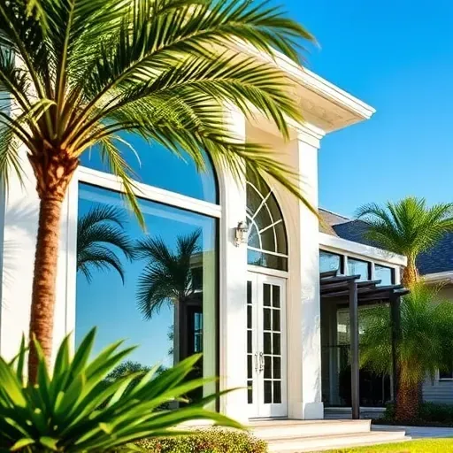 Impact windows and doors installation in Boynton Beach with modern design, tropical landscape, and vibrant sunshine.