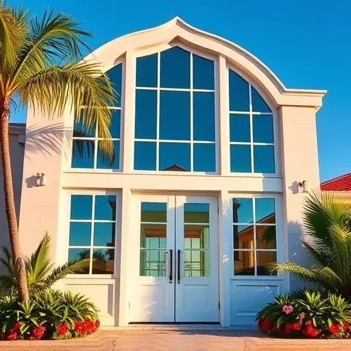 Impact Windows & Doors installation in Key West showcasing vibrant colors, elegant design, and tropical landscaping.