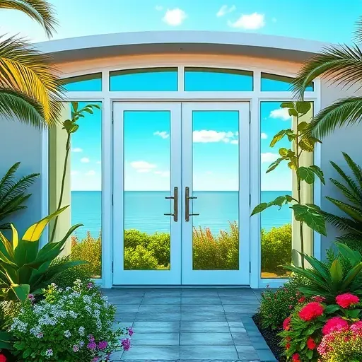 Impact Windows and Doors in Key Largo showcase modern designs amidst lush greenery and a bright sky.