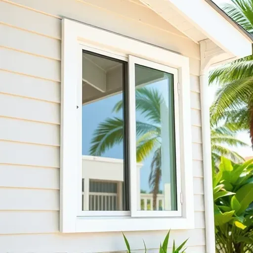 Close-up of a new impact window on a modern Miami Gardens home reflecting bright sky and greenery, showcasing durability and quality