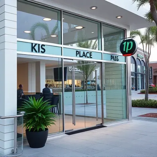 Finished modern storefront with seamless glass windows, sleek signage, landscaped entry in Kendall Florida