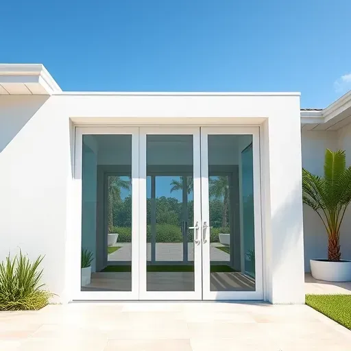 Impact windows and doors in Miramar FL featuring elegant frames, energy efficiency, bright reflections, and a garden backdrop.