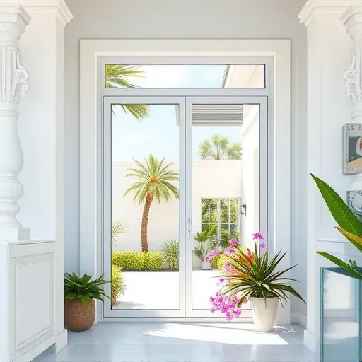 Recently installed impact window in Davie Florida with white coastal frame, reflecting palm trees and bright skies