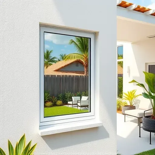 Installed impact window in a modern Pompano Beach home with reflective glass, neutral stucco exterior, tropical landscaping, and sunny Florida backdrop