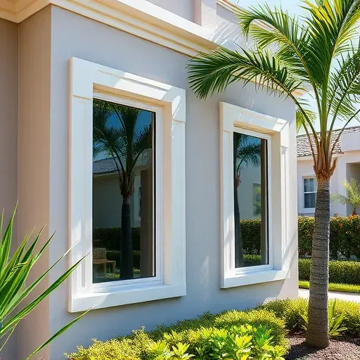Completed heat-reducing window installation in Kendall Florida with sleek reflective glass on modern neutral-toned home with lush landscaping
