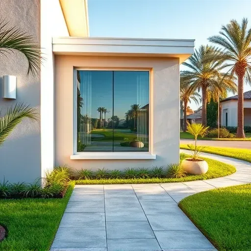 New impact window installed on modern Weston Florida home with clear glass, lush landscaping, and surrounding neighborhood.