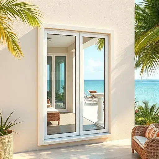 Newly installed impact window on a modern beachfront home in Islamorada Florida with tropical foliage and coastal decor