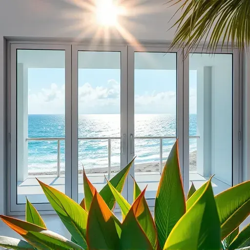 Impact Windows and Doors installed in Miami Beach featuring sleek glass, modern frames, and coastal views with tropical plants.