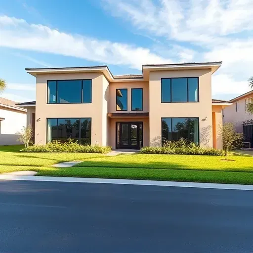Recent impact window installation in Weston FL showcases modern home with durable, clear impact windows, lush landscaping, and sunny skies