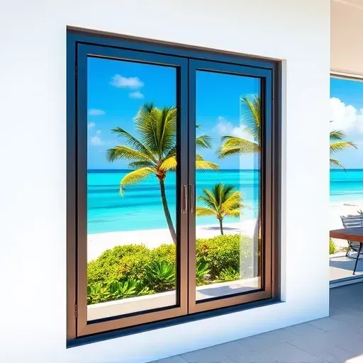 Impact window in Islamorada Florida reflecting blue sky palms and ocean with modern sleek design on well-maintained building facade