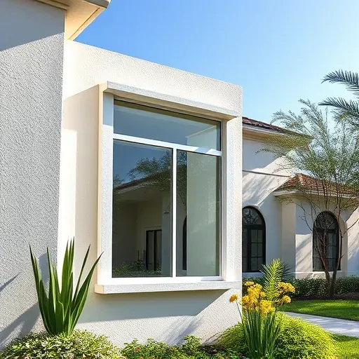 Freshly installed impact window in modern Plantation FL home with clear glass, sturdy frame, lush landscaping, and sunny sky