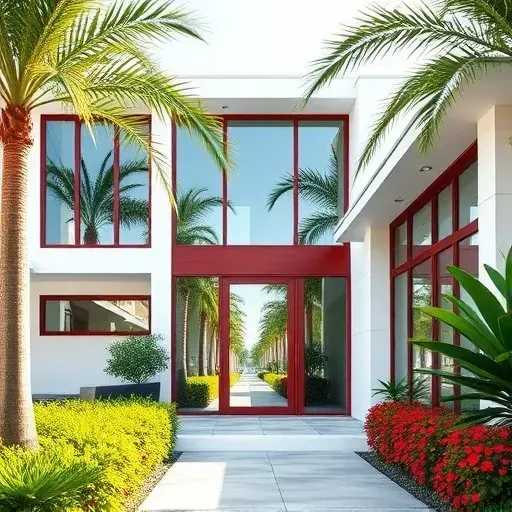 Impact Windows and Doors installation in North Miami Beach showing sleek designs, vibrant landscaping, and a serene setting.