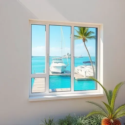 Close-up of a sleek impact window on a modern Marathon FL home, showcasing its clarity and coastal surroundings.