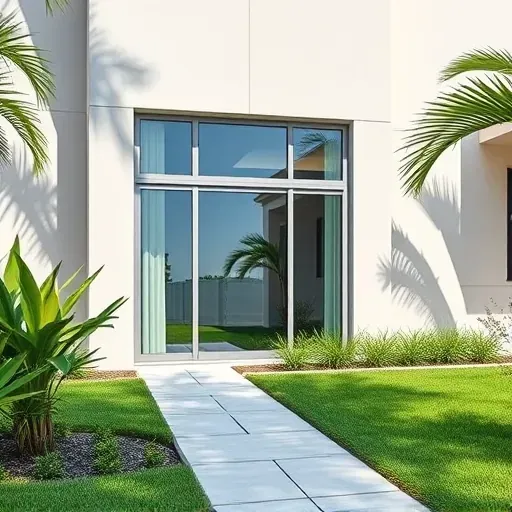 Newly installed impact windows on a modern Hallandale Beach home reflecting bright Florida sky and lush surroundings