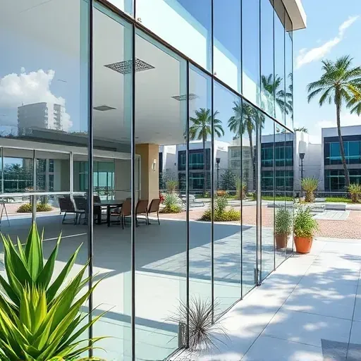 Seamless laminated glass installation on a modern Kendall FL building illuminated by sunlight, reflecting urban surroundings