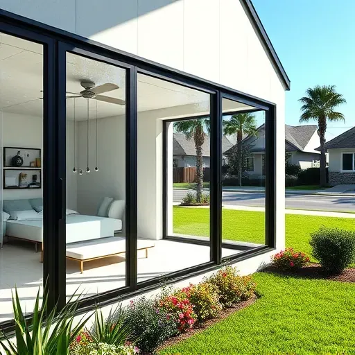 Modern black aluminum energy-efficient windows in a Florida home with sunlight, lush greenery, and a suburban neighborhood backdrop
