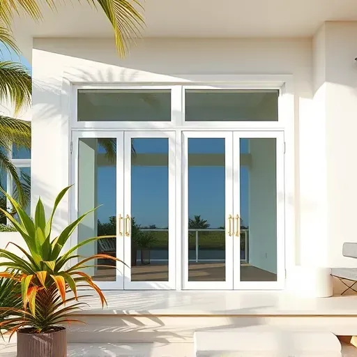 Impact Windows and Doors installation in Hallandale Beach FL surrounded by tropical plants and pastel architecture.