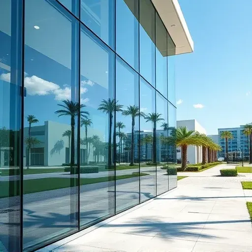 Seamless modern glass installation on Kendall Florida building reflecting sky and greenery under daylight