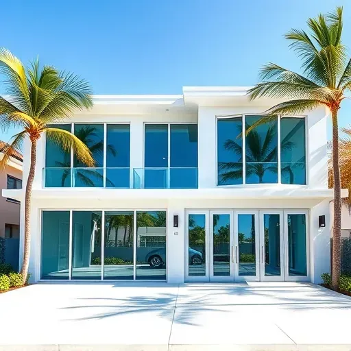Modern home in Miami Beach with large impact windows and doors, sleek design, palm trees, and vibrant skyline.