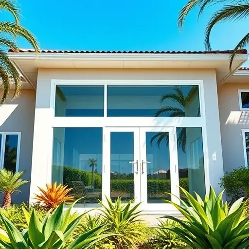 Completed impact windows and doors in a modern Pembroke Pines home with vibrant gardens and sunny blue skies.