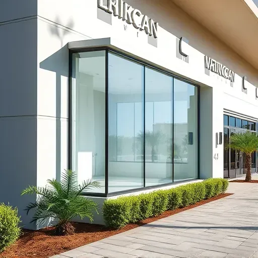 Bullet-resistant window installed in modern Florida storefront with sleek design, lush landscaping, and sunny daylight.