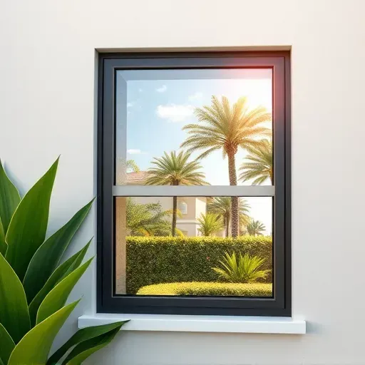 Close-up of a sleek impact window with durable frame and clear glass reflecting a sunny Florida sky in a modern Kendall home
