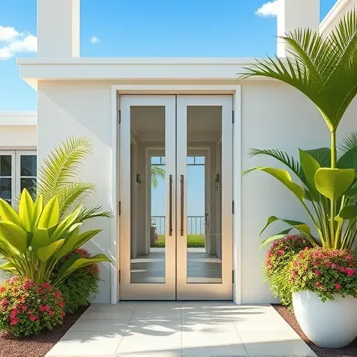 Modern impact door with clear glass panels, lush tropical landscaping, and a clean entryway in Kendall Florida