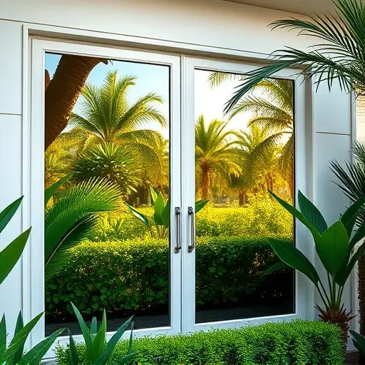 Impact windows and doors installed in a modern Hollywood FL home, showcasing sleek design against tropical greenery.