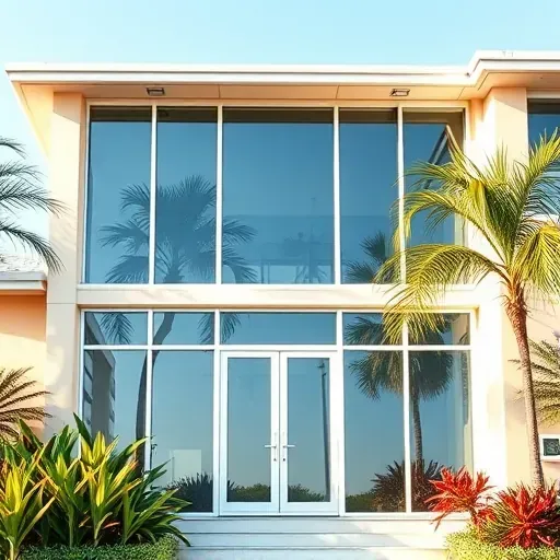 Impact windows and doors in a luxurious West Palm Beach home with tropical landscaping and clear glass reflections.